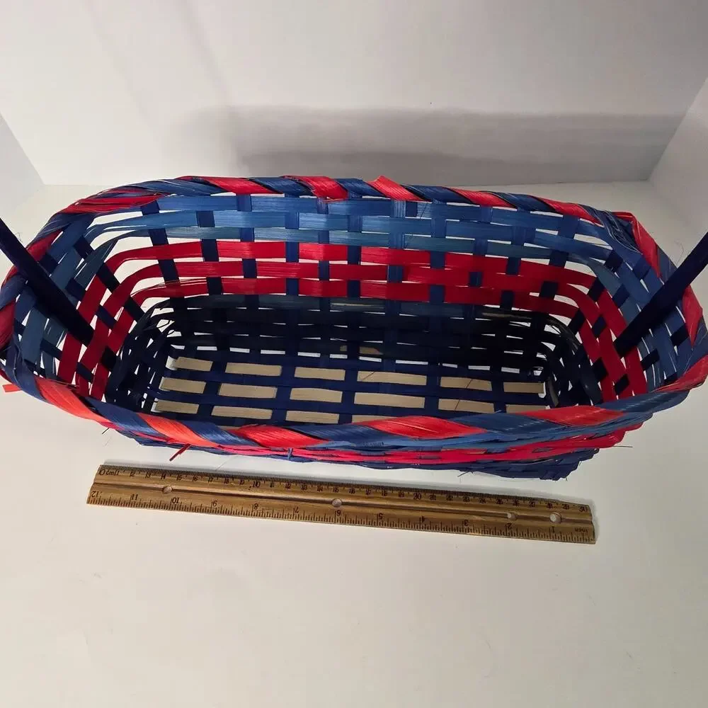 Red Blue Woven Wicker Basket Tall Handle Patriotic Americana Decor